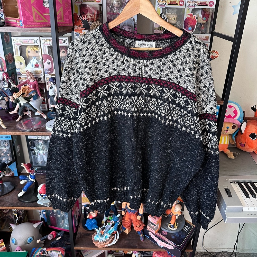 Vintage Private Eyes Black Grey Fair Isle Sweater Men’s XL USA